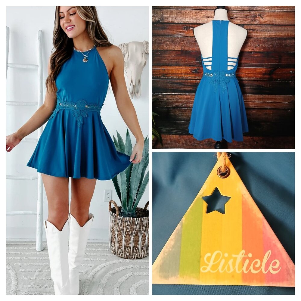 NWT Listicle Mini Dress S Blue Skater Lace Applique Open Shoulder Nylon